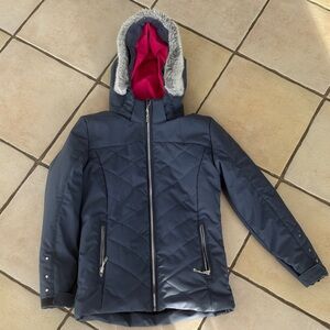 Worn 1x Descente Blue Quilted Jacket with Rhinestones and Faux Fur Hood size 12